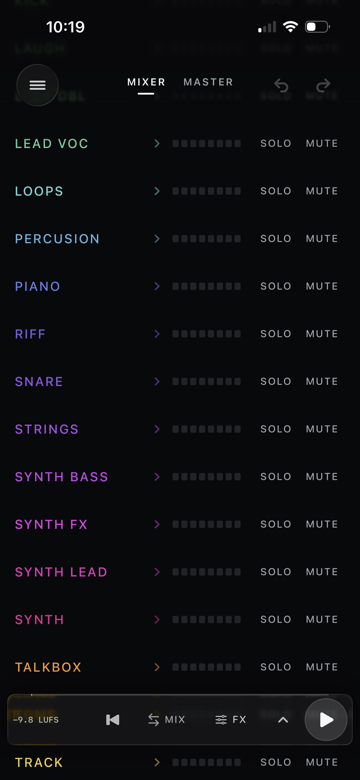 AB:X mixer showing a session of color-coded stems with meters, solo and mute controls.