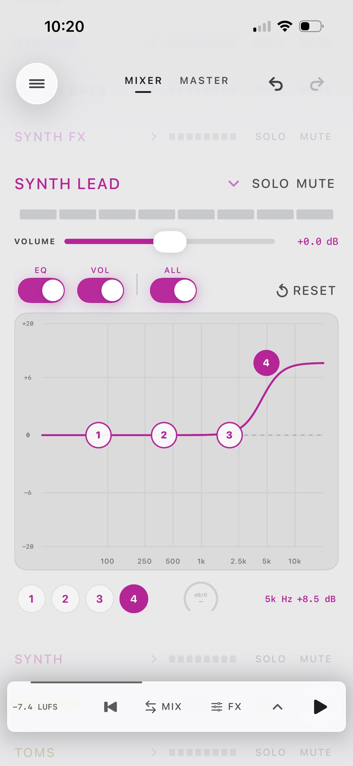 AB:X light interface showing volume controls and a four-band parametric EQ on a stem.