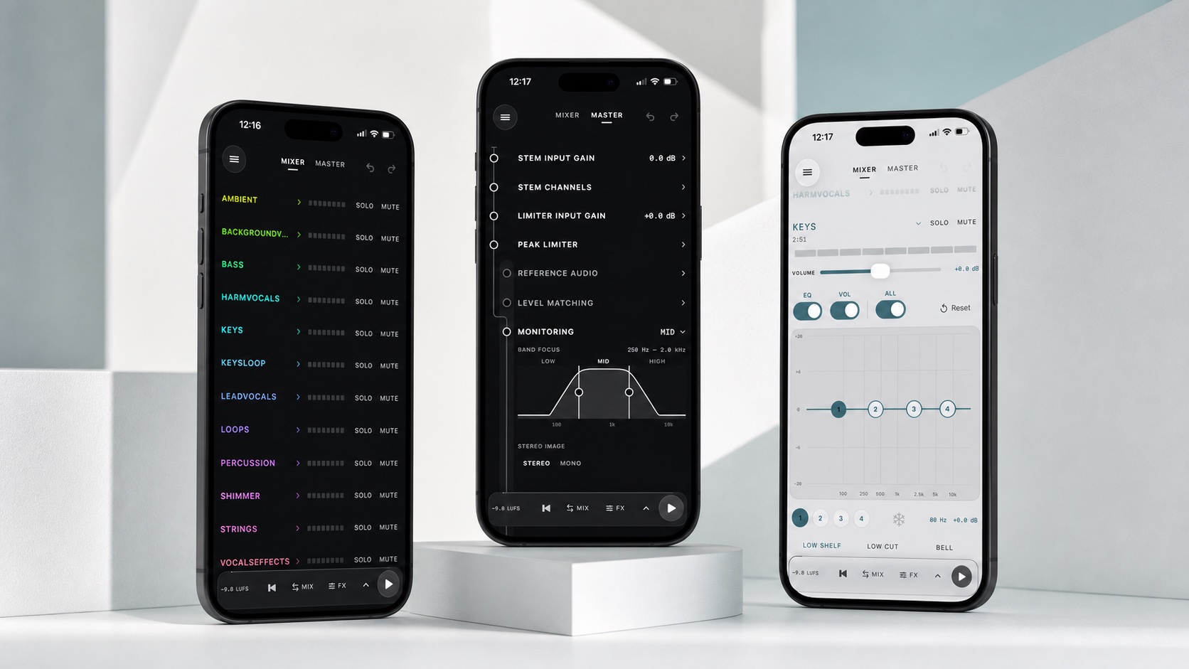 Three iPhones displaying the AB:X mixer, master signal path, and stem EQ in a bright architectural studio setting.